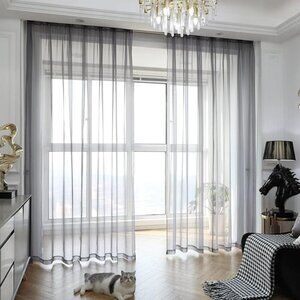 NEW- Mianbo Rod Pocked Sheer Curtains 52" x 130" Inches (2 Panels) Dark Gray